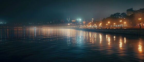 Fototapeta premium A serene nighttime waterfront scene with glowing lights reflecting on the water.