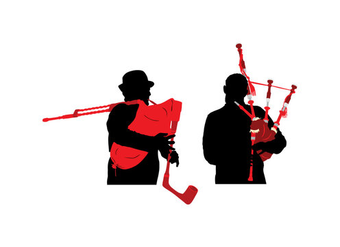 red bagpipers silhouette, playing music, white background clip art preview