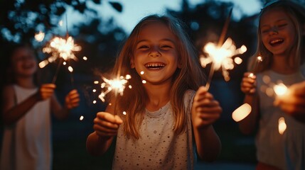 Children excitedly lighting sparklers in a backyard, their faces glowing with joy and wonder.