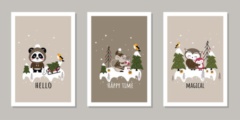 Fototapeta premium A set of festive vector illustrations with cute animals in a magical winter forest and inscriptions for backgrounds, postcards, covers, banners and more.