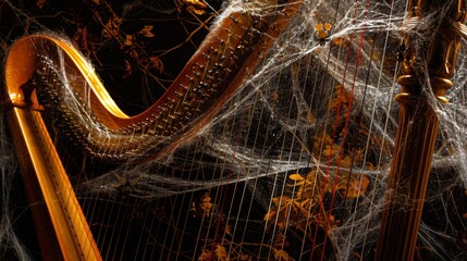 A spider web is draped over a gold colored stringed instrument