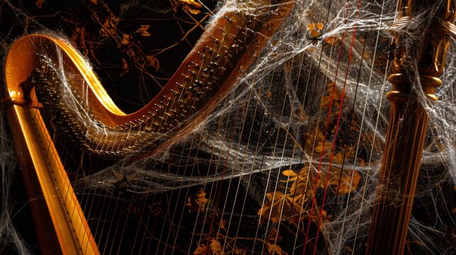 A spider web is draped over a gold colored stringed instrument