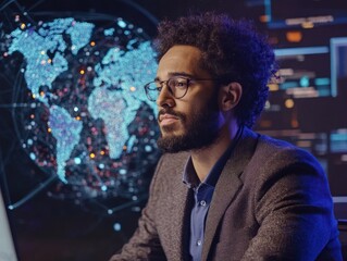 Analyst working with global data visualization maps