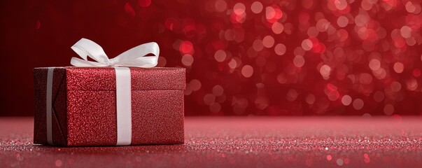 Festive red gift box on a glittering red background.