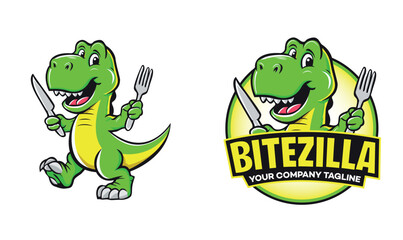 Cute Hungry Dinosaur Mascot Logo. Mascot Animal Logo, Animal Logo, Cute Zilla, Cute Animal Illustration, Vector Dinosaur Illustrations