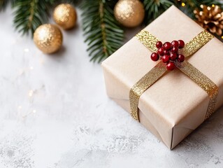 Gift box decorated with gold ribbon and holiday ornaments.