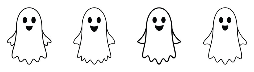Set of cute ghost characters in outlined style. Cartoon ghost illustrations for designs, stickers, and decorations