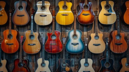 Naklejka premium A wall of guitars with a variety of colors and sizes