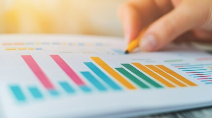 Hand analyzing colorful graphs on a report page.