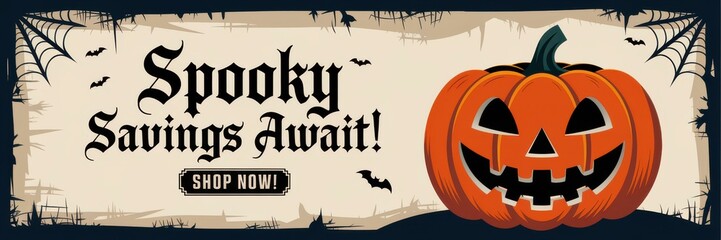 Spooky Halloween Pumpkin Illustration Promotions - Eye-Catching Marketing Banner Savings Text Seasonal Sales Festive Events