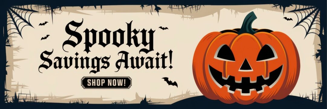Spooky Halloween Pumpkin Illustration Promotions - Eye-Catching Marketing Banner Savings Text Seasonal Sales Festive Events
