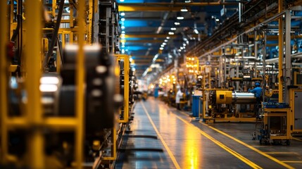 Fototapeta premium Industrial production line with machinery and bright lighting.