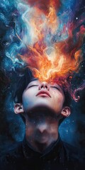 Surreal Portrait of a Person with Fiery Imagination and Cosmic Background in Vivid Colors