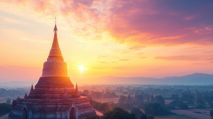 Experience the tranquil beauty of a sunrise over an ancient pagoda in Bagan, Myanmar. This stunning landscape captures the essence of history and spirituality.