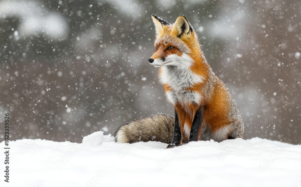 Wall mural red fox in the snow in winter, close-up