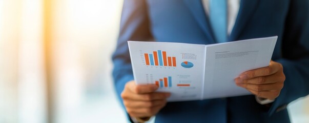 Person in suit analyzing data reports with graphs and charts.