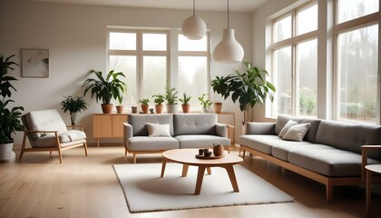 a Scandinavian home interior featuring minimalist furniture in natural wood tones, large windows allowing ample daylight, a cozy seating area with a light grey sofa, a textured white rug on a wooden f