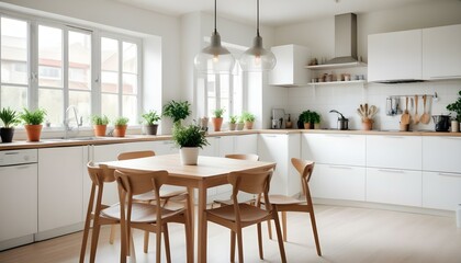 a Scandinavian home interior featuring minimalist furniture in natural wood tones, large windows allowing ample daylight, a cozy seating area with a light grey sofa, a textured white rug on a wooden f