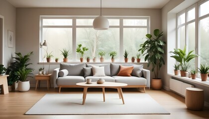 a Scandinavian home interior featuring minimalist furniture in natural wood tones, large windows allowing ample daylight, a cozy seating area with a light grey sofa, a textured white rug on a wooden f