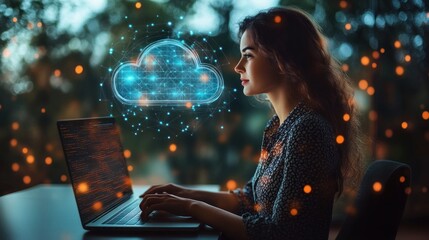 Woman exploring virtual cloud within digital realm
