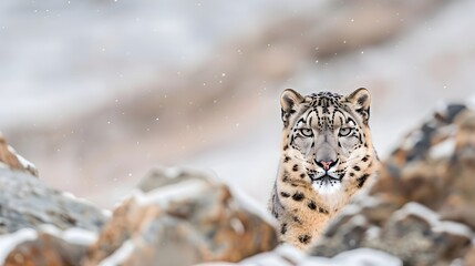 A Majestic Snow Leopard Blending into its Rocky Snowy Habitat with Alert Focused Gaze