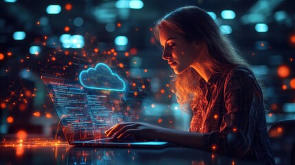 Innovative woman interacting with cloud tech display