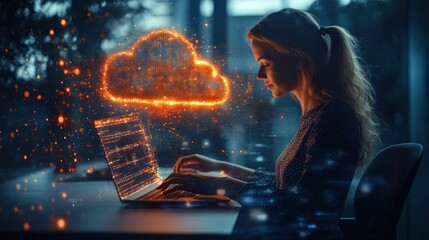 Woman integrating with digital cloud environment