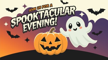 Playful Halloween Ghost Pumpkin Illustration Bats - Perfect Halloween Party Invitations, Decorations, Event Promotions
