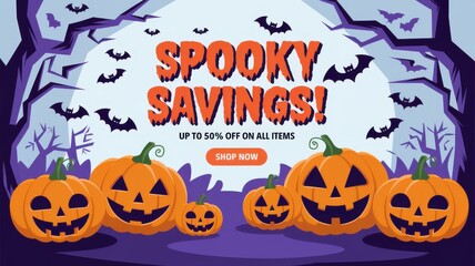 Halloween Promotion Banner Jack-o'-Lanterns Bats - Spooky Savings Festive Shopping Marketing Campaigns