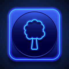 Tree simple icon vector. Flat design. Blue neon style on button. With shadow