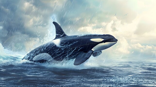 Majestic Orca Breaching Through Crashing Waves in Stormy Ocean Seascape