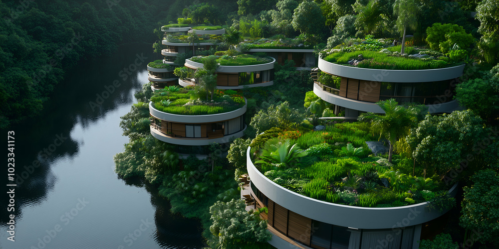 Wall mural New riverbank round houses with rooftop gardens in lush green forest setting emphasize sustainable architecture