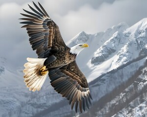 Obraz premium Majestic Bald Eagle Soaring With Spread Wings Over Snowy Mountain Landscape