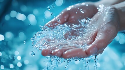 Fototapeta premium A close-up of hands catching droplets of clear water, creating a serene and refreshing image that highlights the beauty of nature.