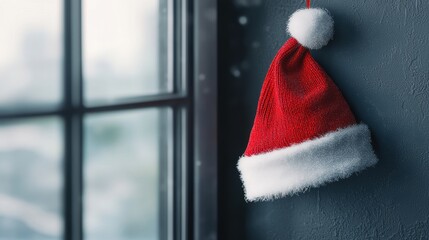 Fototapeta premium Festive Red Christmas Hat Hanging by a Window