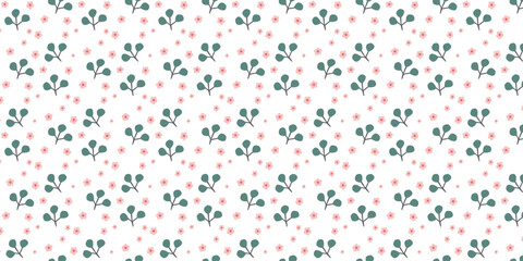 Cute pattern with green leaves and small pink flowers on a white background