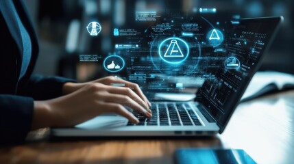 Woman's Hands Typing on Laptop with Holographic Icons