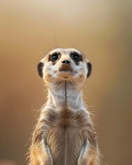 Vigilant Meerkat Standing Upright in Close up Wildlife Portrait with Copy Space