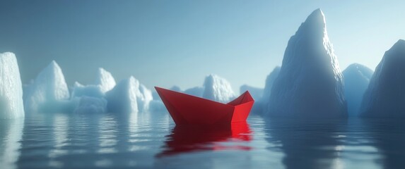 Red paper boat floating peacefully among majestic icebergs in a serene, icy landscape under a calm sky