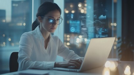 Professional woman interacting with digital data screens