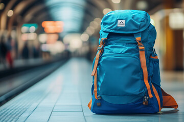  blue backpack is sitting on a train platform. The backpack is open and empty. The scene is quiet and peaceful, with the only sound being the train in the background. Concept of travel and adventure