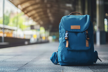 Obraz premium blue backpack is sitting on a train platform. The backpack is empty and the train is not in motion. The scene is quiet and peaceful, with no people around
