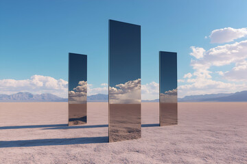 Three towering mirrors stand in the desert, mirroring the clouds and blue sky above. The surreal sight invokes a feeling of intrigue and awe