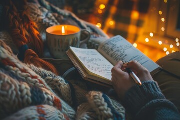 Cozy winter night: journaling by candlelight in warm blanket