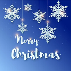 Origami Christmas greetings cards. Paper cut snow flakes. Happy New Year. Winter snowflakes background. Space for text. Grid blue background.	