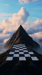 Surreal landscape with a chessboard leading to the peak of a cloud covered mountain, inspiring strategic thinking, problem solving, and goal attainment