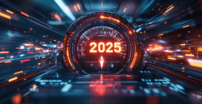 Futuristic speedometer with glowing number 2025 and dynamic arrow in digital environment - Powered by Adobe