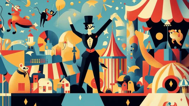 A whimsical illustration of a circus ringmaster with a top hat, standing tall and proud in front of a colorful, abstract circus
