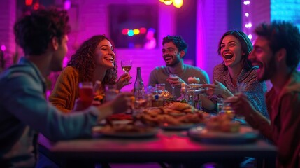Friends celebrating with a lively game night, filled with laughter and a table full of snacks.