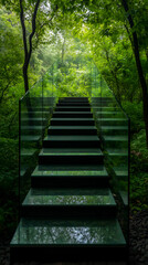 Obraz premium Contemporary glass staircase ascends a forested hill, blending seamlessly with the lush surroundings